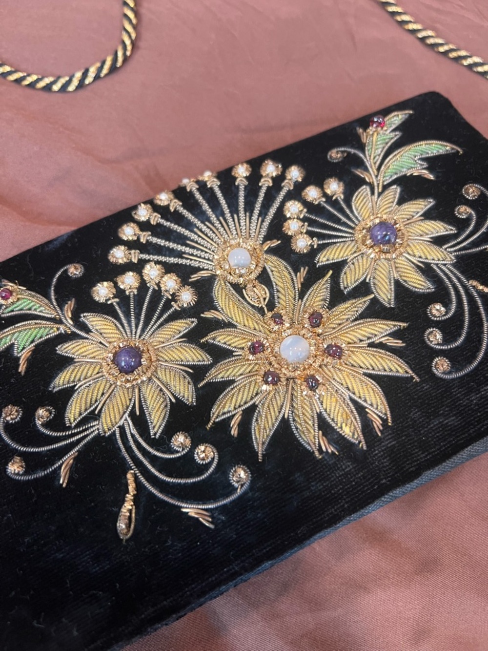 Vintage 60s? Black Velvet Zardozi Goldwork Clutch Flowers Handmade In India Bead